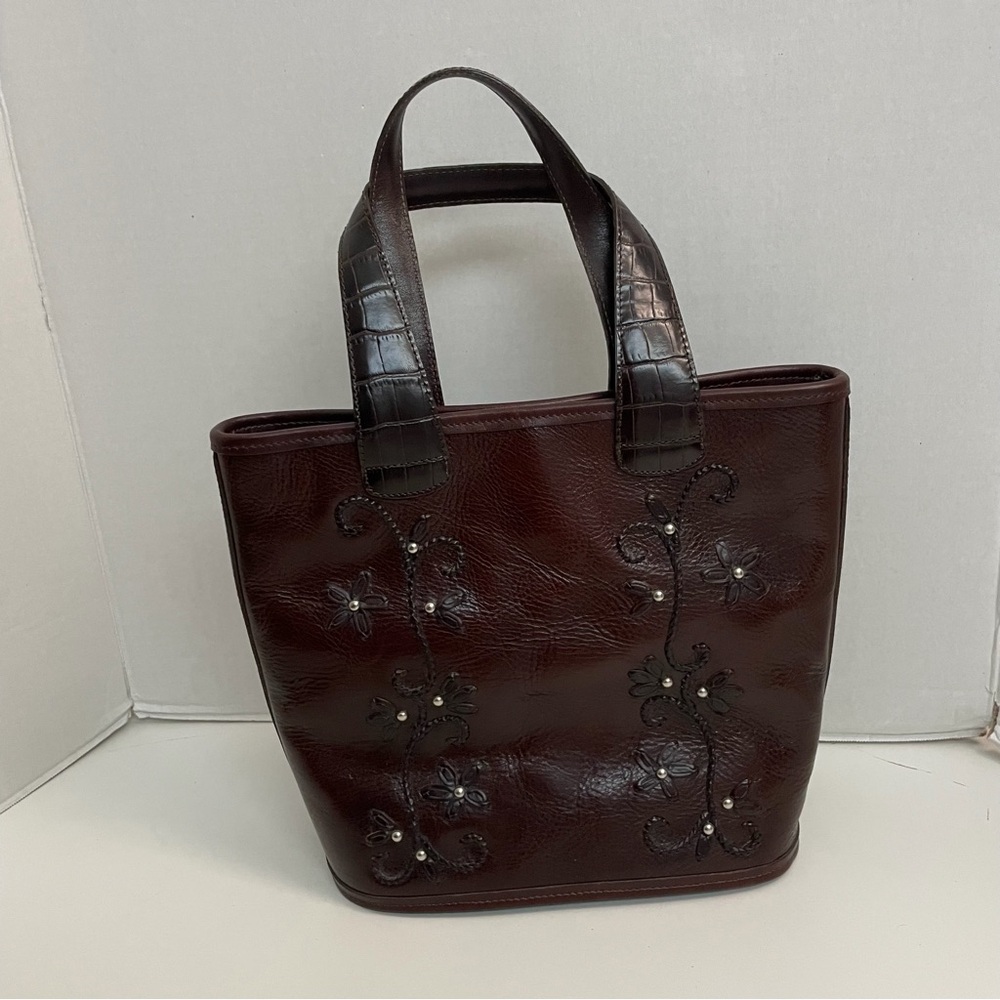 Vintage Brighton Purse Bucket Bag Leather Embroidered Flower Beaded Brown Silver